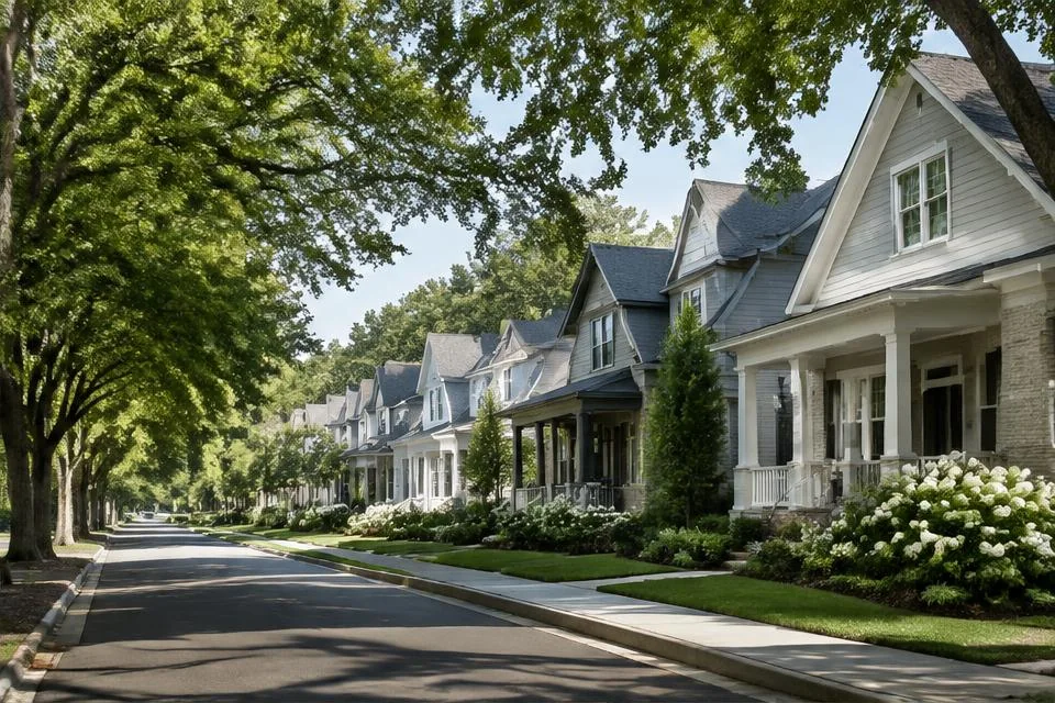 Photorealistic editorial interpretation of a tree-lined North Carolina residential street